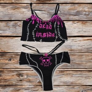 Broken Brainz ✦ Black Pink Crossbones Lingerie Set ✦ Punk Gothic Crop Top Bottom